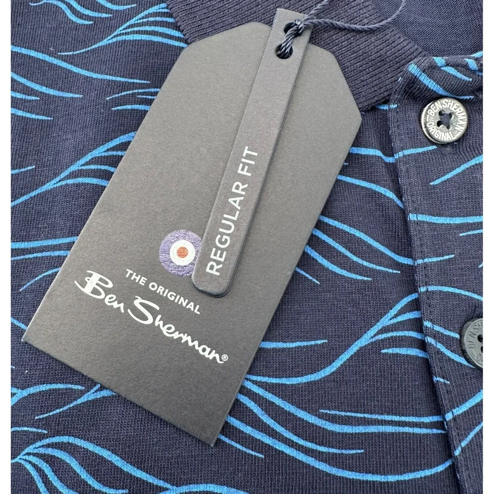 Ben Sherman Polo Shirt Short Sleeve Marine Blue Wave Men's Small Regular Fit NWT